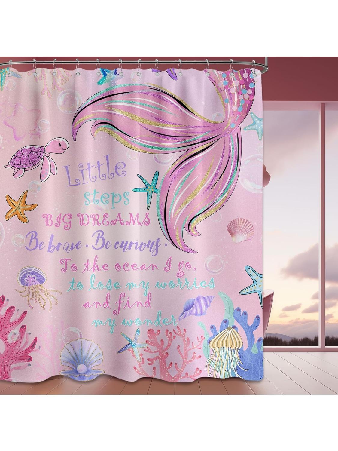 

Mermaid Shower Curtain Toddler Girly Pink Girls Ocea Shower Curtains For Bathroom Decor Sets, Waterproof Cloth Fabric With Hooks W60H190(CM)-1 Pcs