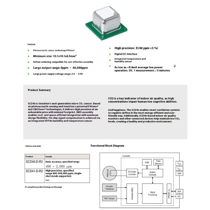 SCD40 Carbon Dioxide Temperature and Humidity Sensory Module CO2 Sensory Detector for Industrial Environmental Control