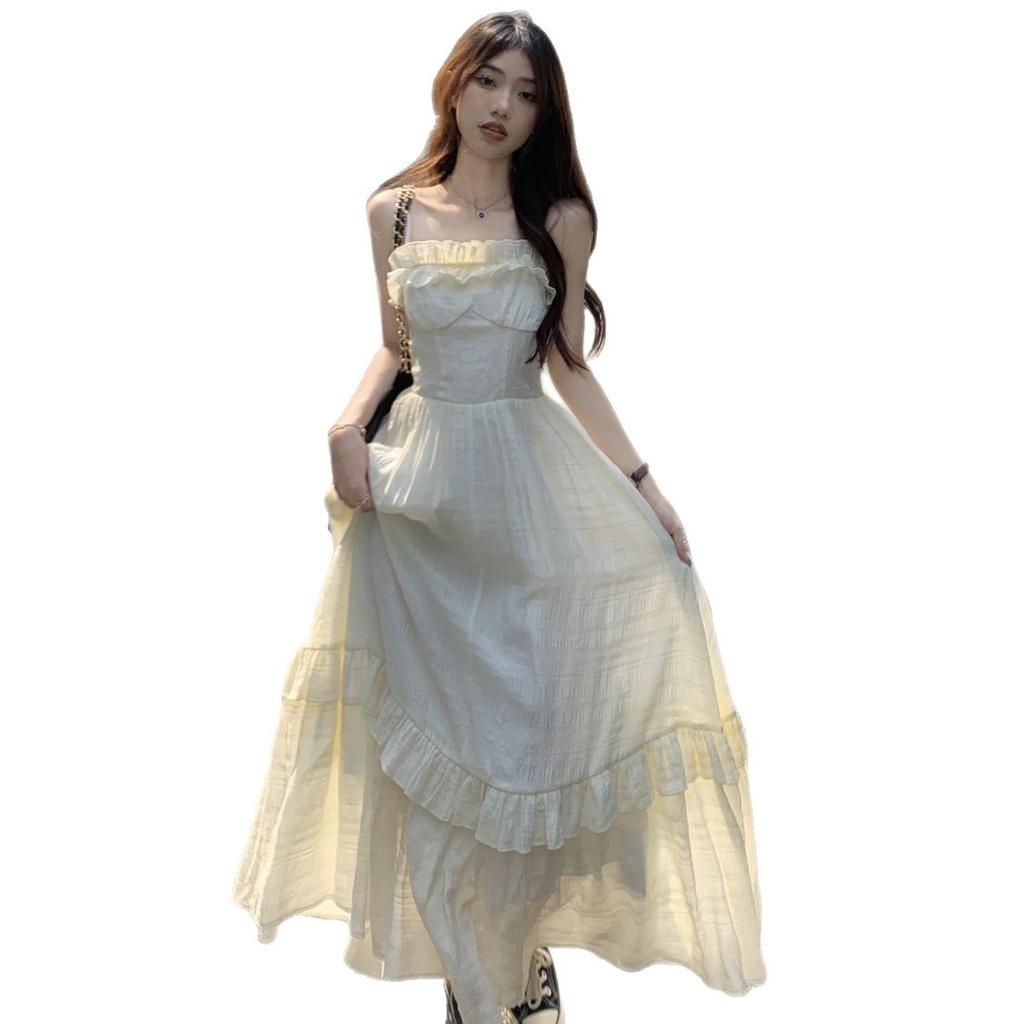 Sweet Spice Girl Lotus Leaf Edge Chic Suspender Skirt Women's Spring and Summer High Sense Niche Chiffon Apricot Dress Knee Long Dress