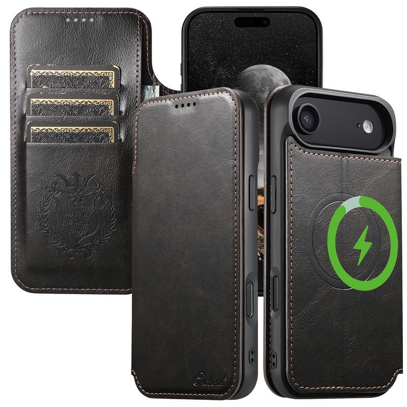 

Magnetic Flip Case with Oil Wax Texture for iPhone 17, 13, 15, 16, and Apple Pro - Stand & Protective Cover 13 6.1 чёрный