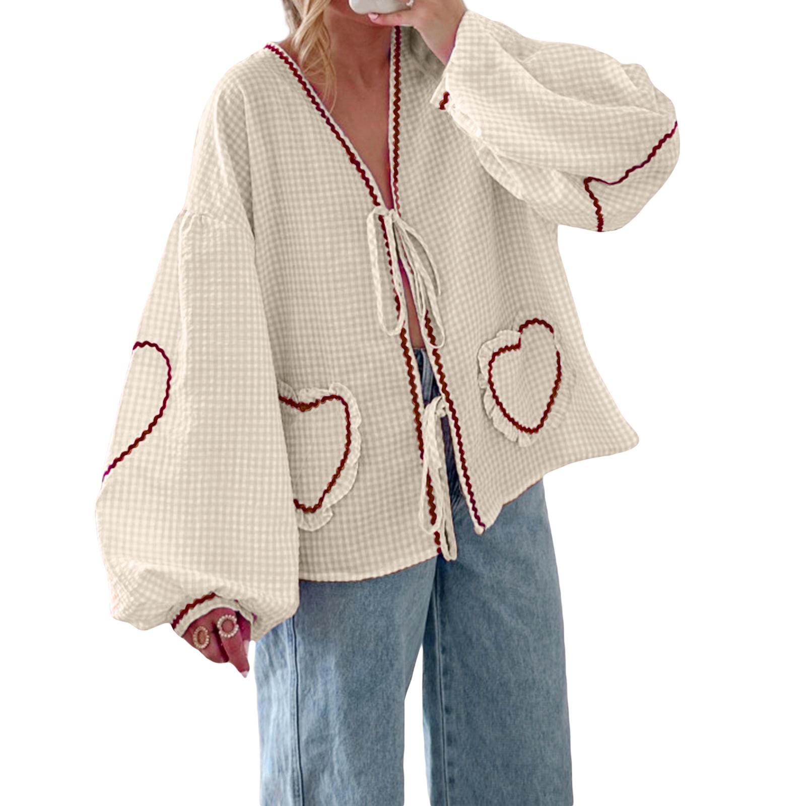 

Женские рубашки с длинным рукавом, вышитые сердечками, клетчатые блузки с бантом спереди, модные повседневные топы на весну и лето S хаки