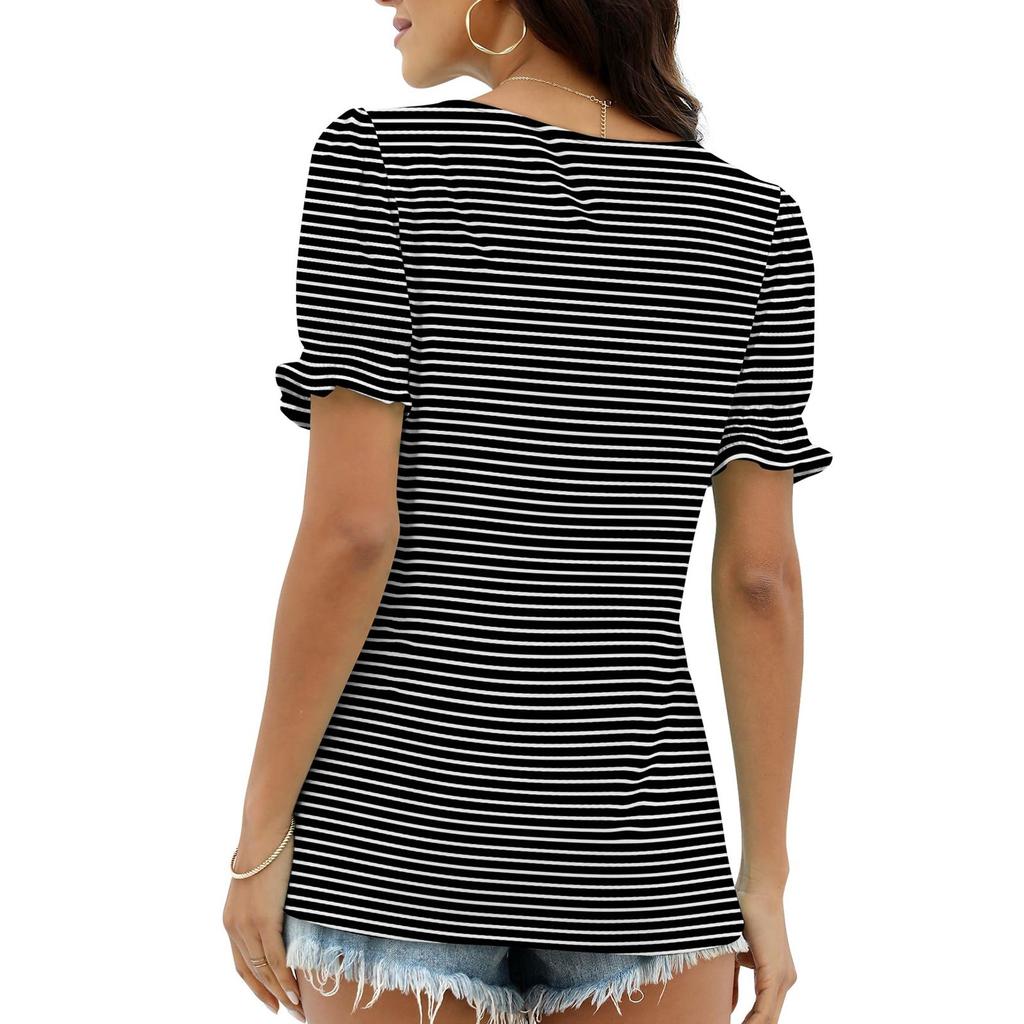 Women's Fashion Square Neck T-Shirt With Petal Sleeves, Short-Sleeved Striped Top