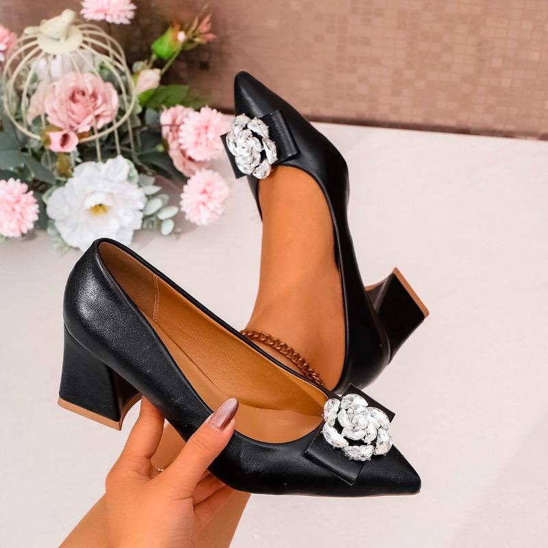 Fashion High Heel Single Shoes Summer New Pointed Head Shallow Mouth Drill Flower Set Foot Anti-slip Wear-resistant Square Heel Shoes
