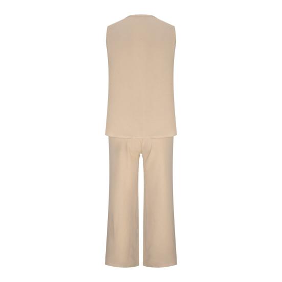 2 Pcs/Set Women Vest Pants Set Sleeveless V Neck Button Decor Wide Leg Straight Loose Solid Color Lady Top Trousers