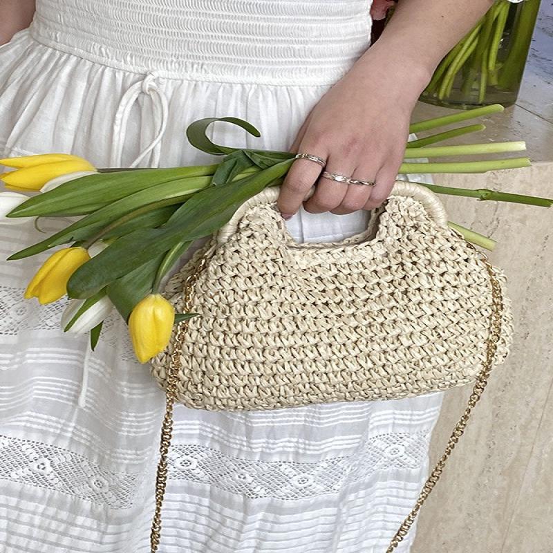 Elegant Summer Weave Chain Straw Bag Leisure Boho Straw Shoulder Bag Beach Casual Bucket Handbag For Ladies/Girls