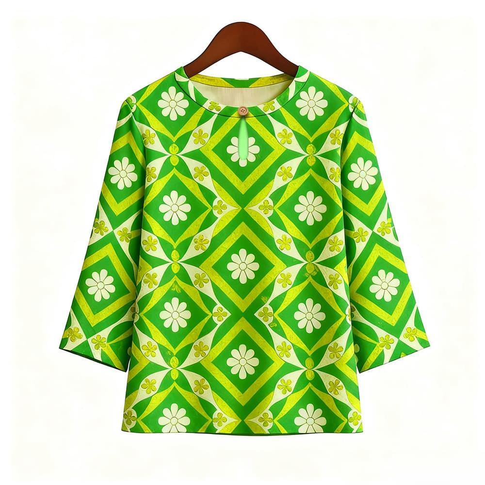 Casual Blouse, Vintage Style, For Women, Floral Print, O Neck, Three Tribal Sleeves, Elegant Loose Top