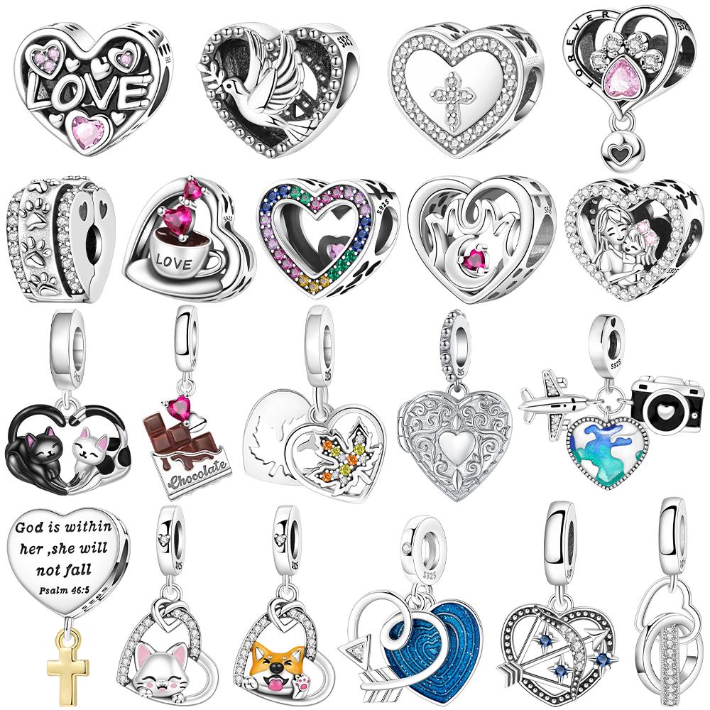 Original Love Pendant Cross Charm Heart Coffee Pink Cat And Dogcopper Beads Fit Bracelet Women Jewelry Valentine Gift Diy