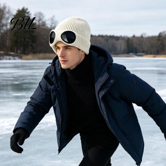 Cycling Thermal Cap Knitted Hat with Goggles, Unisex Winter Hat, Fleece Lined, Windproof Stylish Streetwear Warm Skull for Outdoor Skiing Street