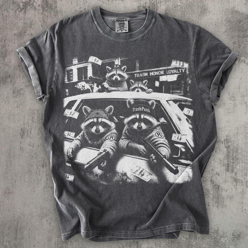 Panda Rifiuti Camicia Procione Divertente Procione Gangster T-shirt, Camicia Grafica Lavata Vintage, T-shirt Streetwear Animale Divertente, Camicia Procione Rocker Regalo
