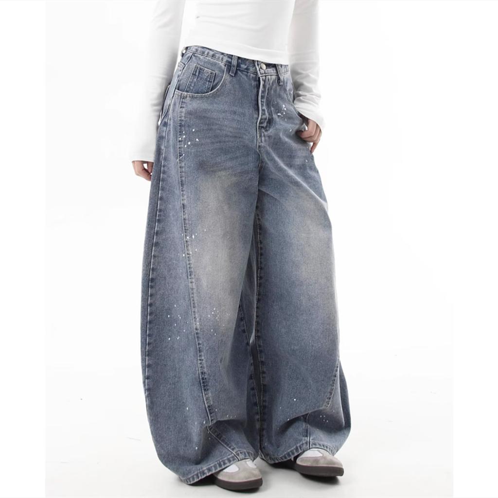 Washed jeans men's and women's casual loose lumberjack scimitar silhouette banana pants wide leg trend