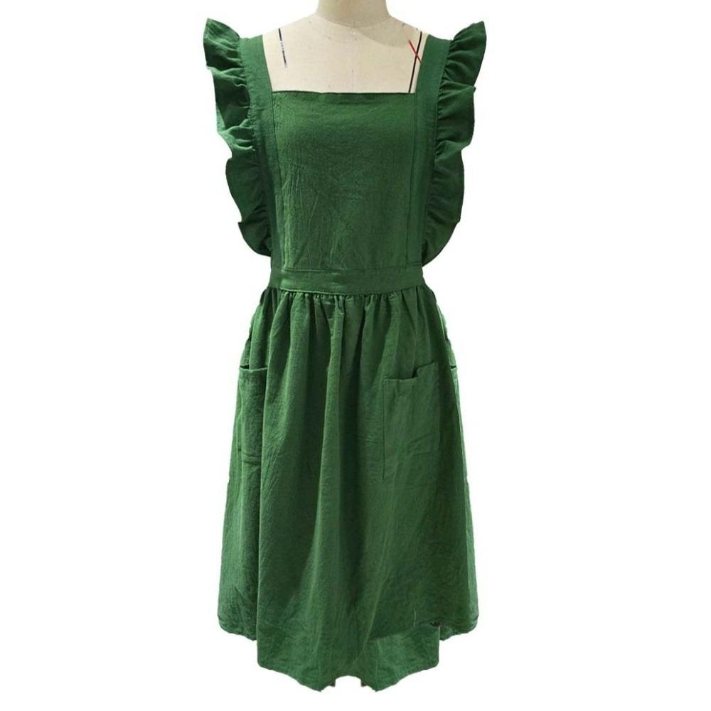 French Style Retro Flouncing Apron Cotton Adjustable Cotton Linen Pinafore Plus Size Solid Color Ruffle Trim Apron Baking