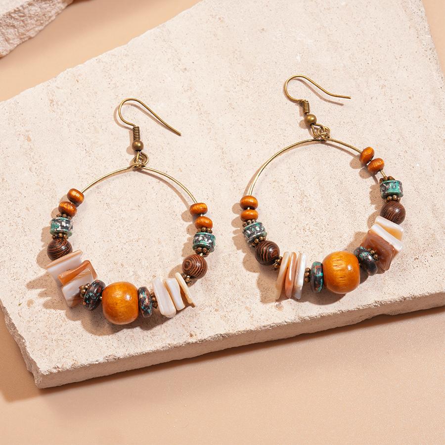 Ethnic style shell wooden beads beaded irregular ear hooks retro niche design exaggerated earrings