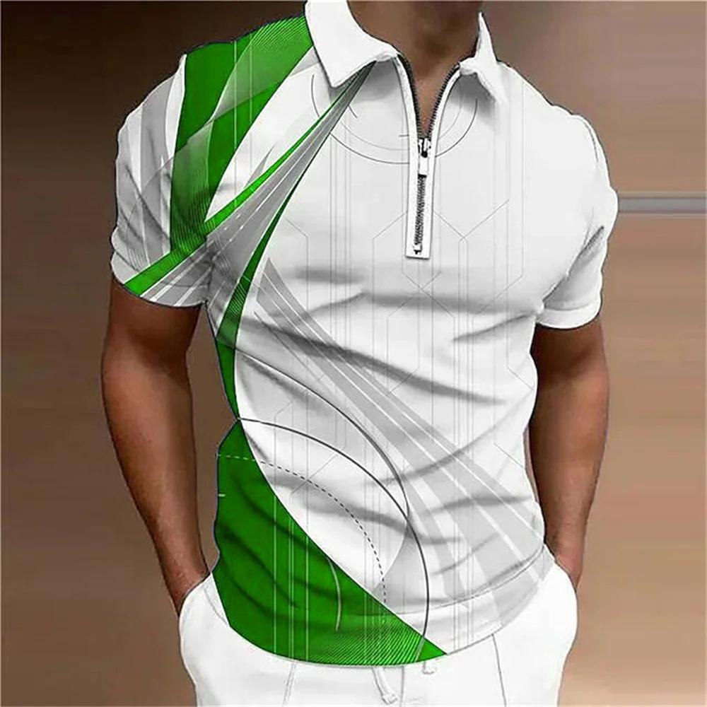 Fashionable geometric pattern tie dye men's Polo T-shirt short sleeved 3D printed street men's zipper
