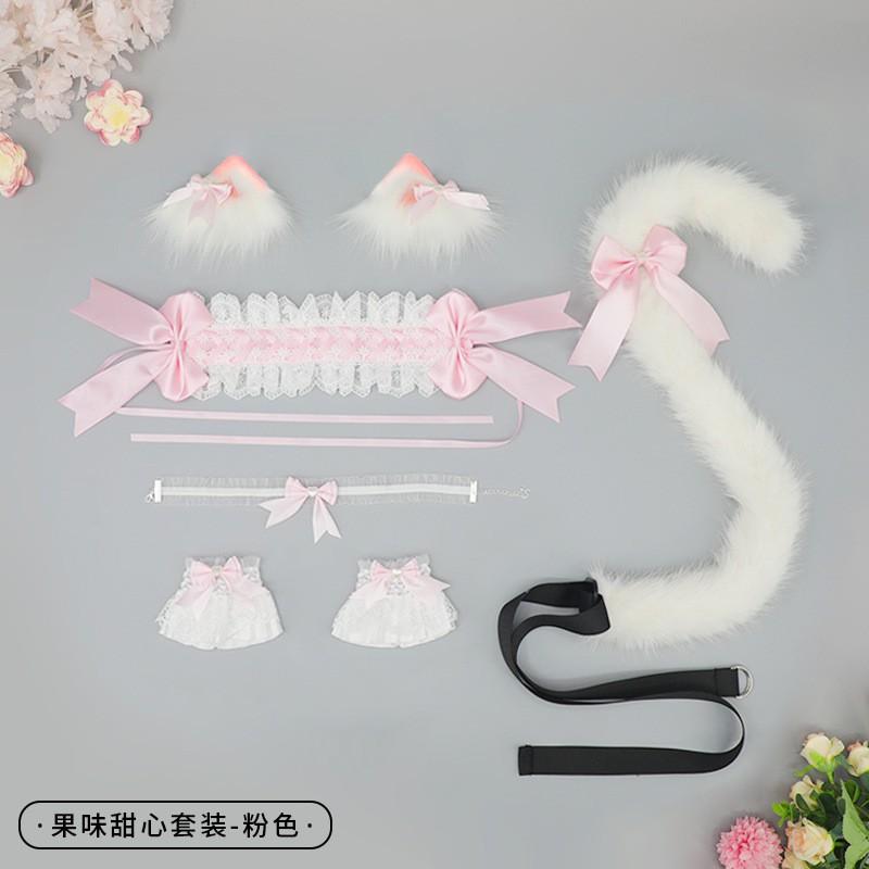 Süßes Lolita Haaraccessoires Set Katzenohren-Haarreif Mit Schleifenclip Handgefertigtes Stoff-Haarband Anime Convention