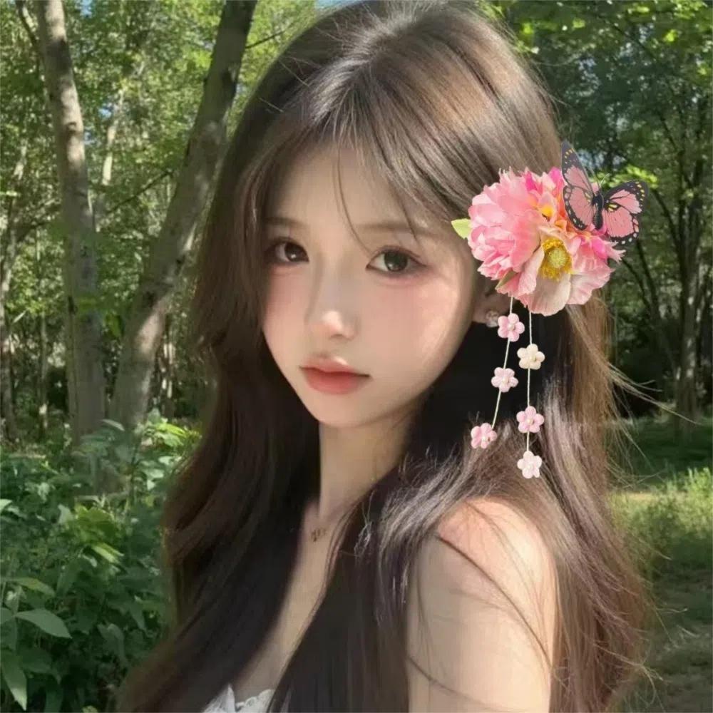 Fringe Tassel Duckbill Clip Chinese Style Barrettes Fairy Flower Butterfly Side Clip  Girl