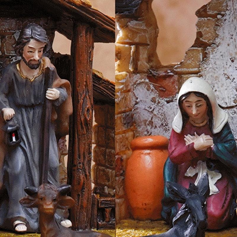 Statuine Presepe di Natale Resine Statua Scena Natività con Stalla Statua Sacra Famiglia Centrotavola Decorazioni per la Casa