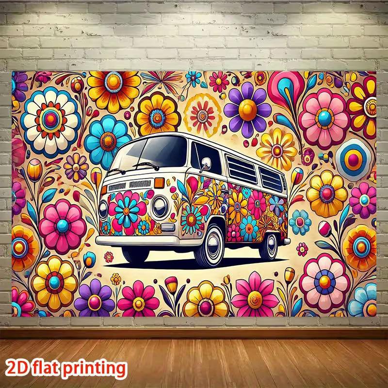 2D Groovy Hippie-Bus Kulisse Retro Blumenmuster Studio Fotografie Hintergrund