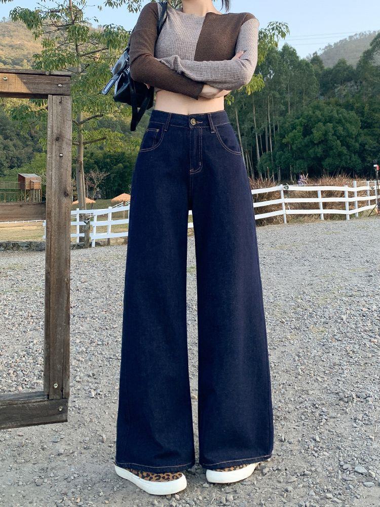 Women's American Retro High-Waisted Wide-Leg Jeans - Spring Fashion, Loose Fit, Floor-Length