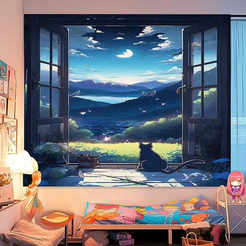 

Charming Anime Window View Tapestry Scenic Landscape Design Ideal for Bedroom or Living Room DecorLarge Wall Hanging Artwork 74x94cm(29x37in)