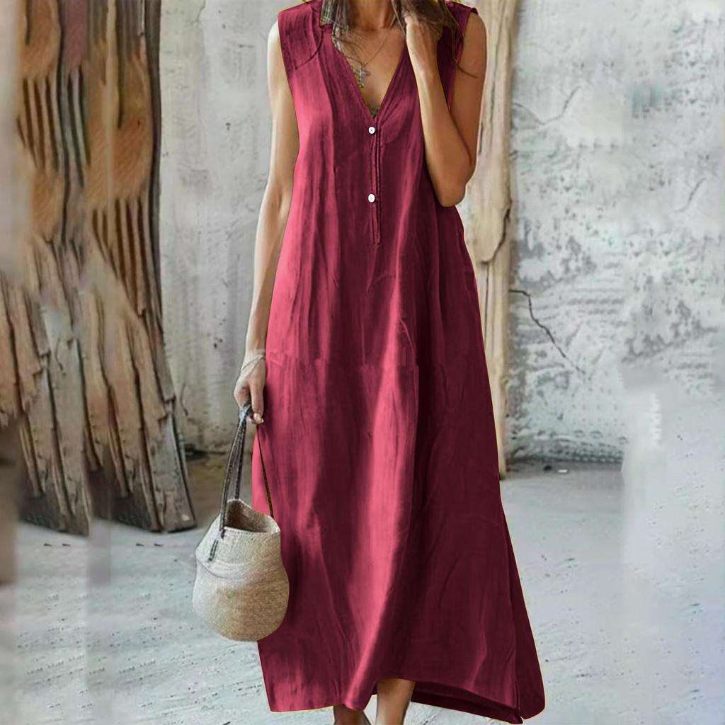 Women's Fashion V-Neck Sleeveless -Colour Casual Resort- Maxi Dress In Cotton-Linen Blend