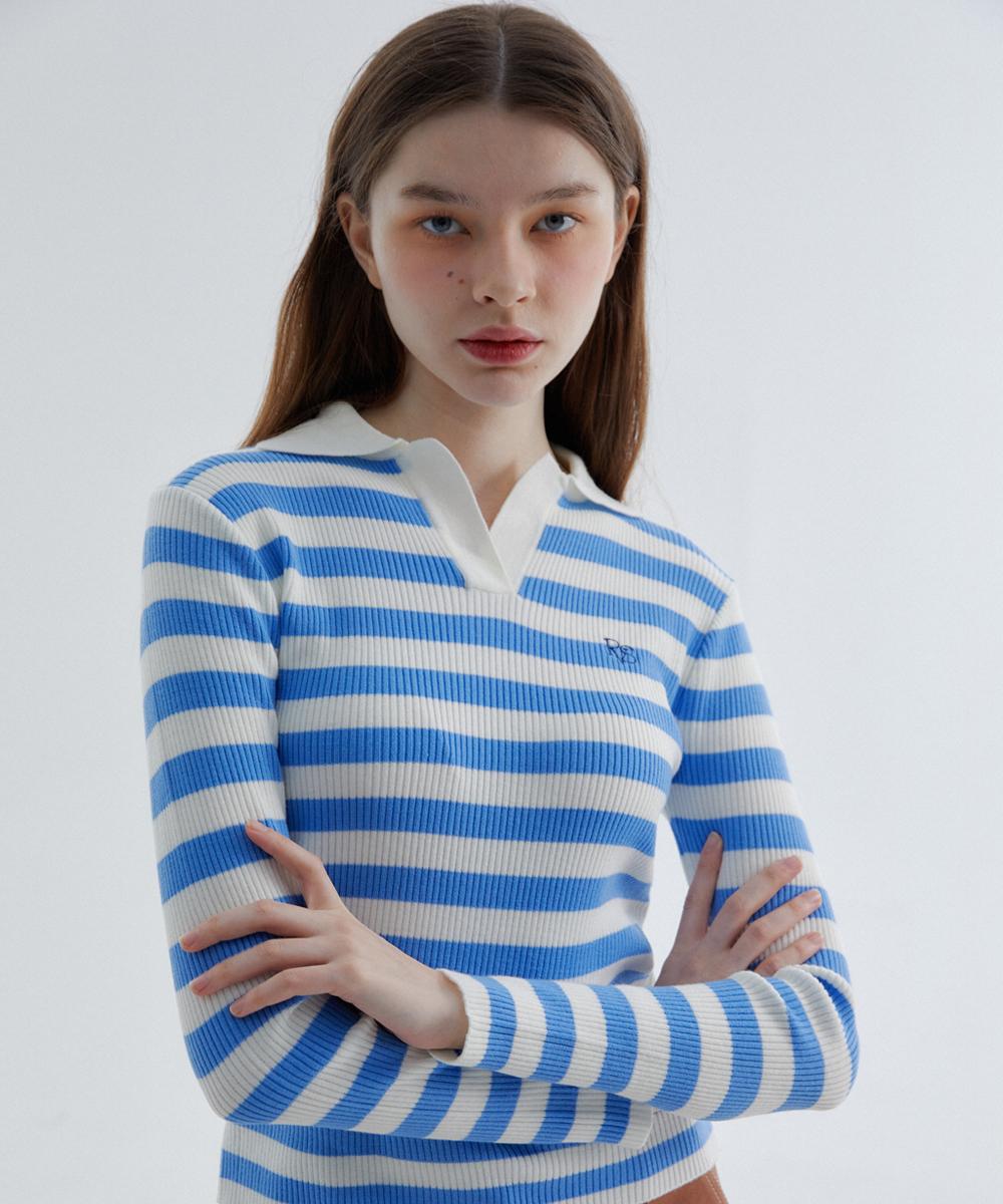 Raverous Rvs Striped Collar Sweater Sky Blue Free(1)