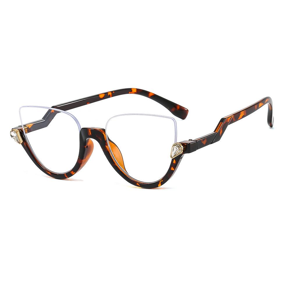 Herren Damen Trendige Halbrahmen Cat Eye Brille Modisch Leichte Freizeitbrille Diamantbesetzt Retro Flacher Spiegel