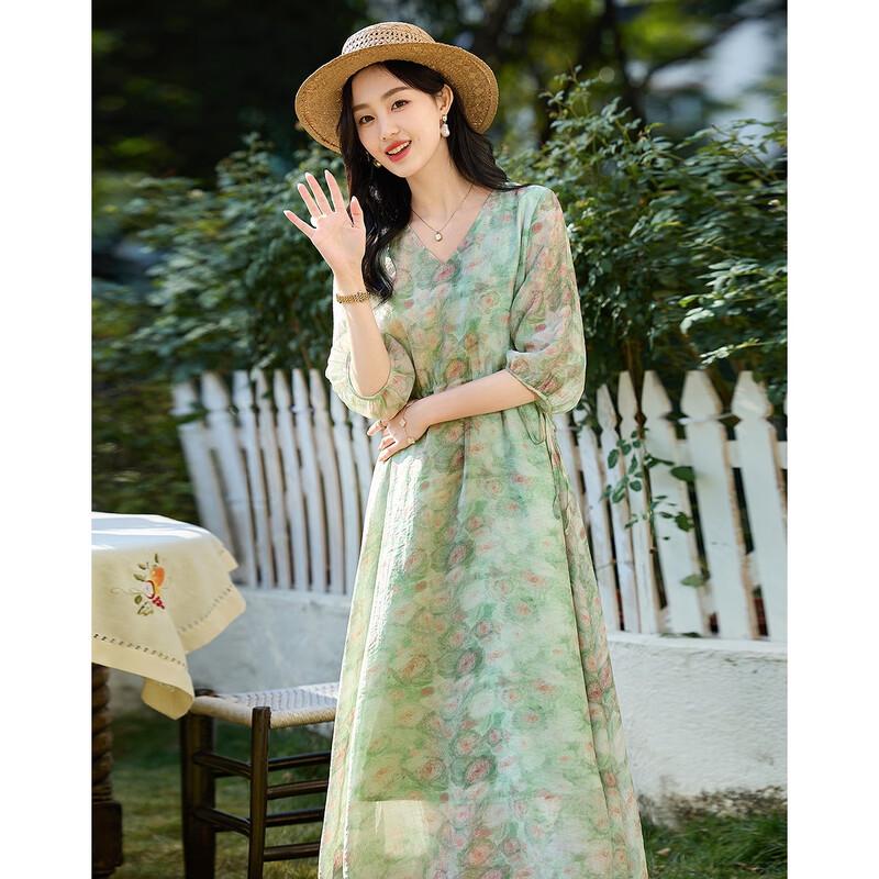 Demana Monet Garden Printed V-Neck A-Line Midi Dress