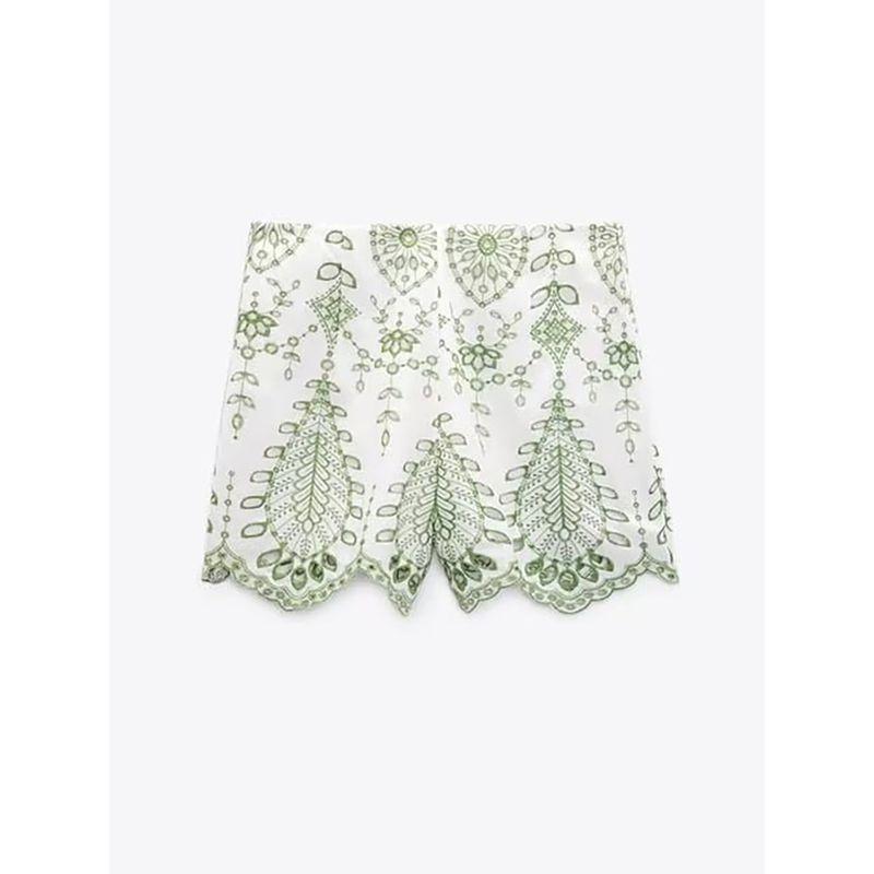 Top Contrast Mid Rise Shorts Female Embroider Hollow out V-neck Short Tops Mid Waist Shorts