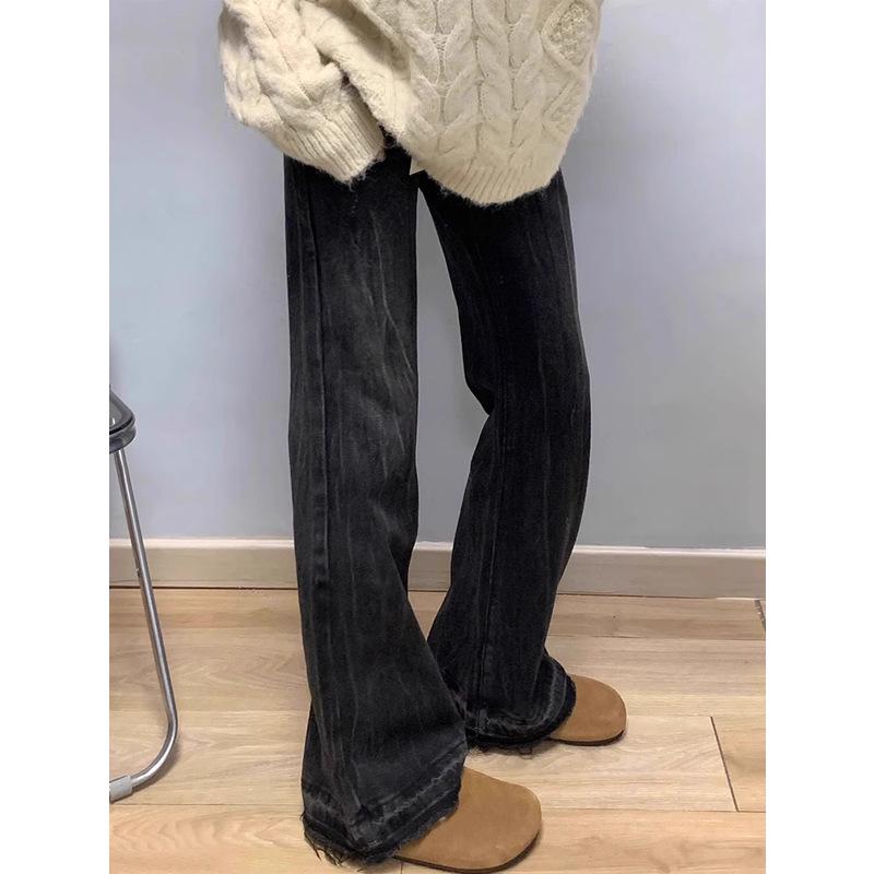 Women's Black-Gray High-Waisted Micro-Flared Jeans, 2024 Spring/Autumn - Slimming, Non-Clingy Horseshoe Fit