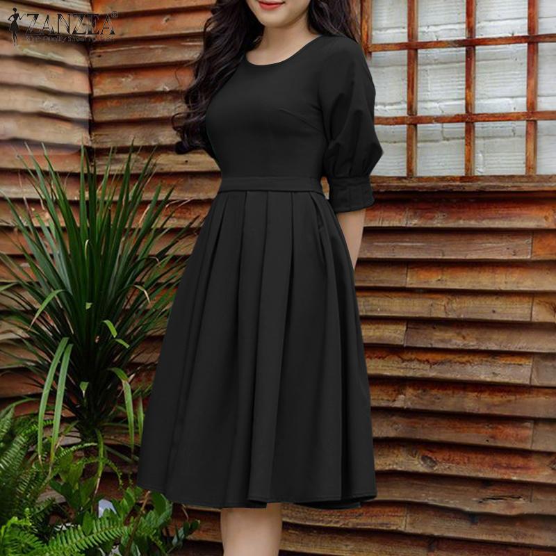 ZANZEA Women Casual Round Neck Solid Color Summer Short Sleeve Dress