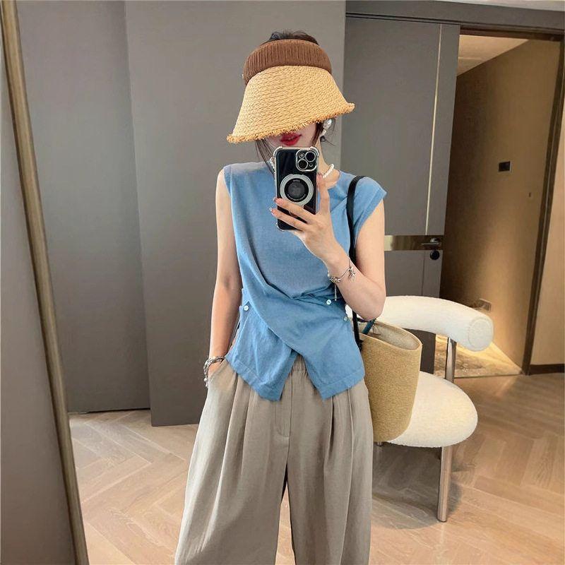 French-Style Elegant Design Pleated Waist-Cinching Sleeveless Knit T-Shirt for Women, 2025 Autumn New Versatile Slim-Fit Top
