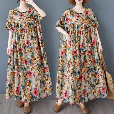 DIMANAF 2025 Summer Women Plus Size Vintage Dress Short Sleeve Casual Floral Basic New Printing Loose Long Dress