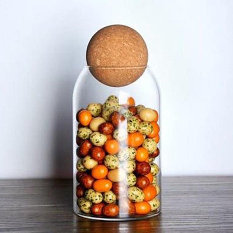 High Borosilicate Glass Storage Jar with Wooden Ball Cork for Tea or Coffee Beans