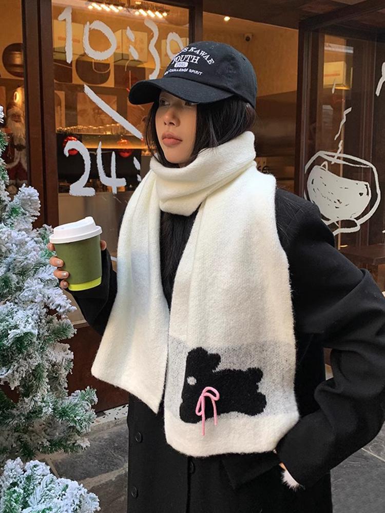 Women Winter Sweet Knitted Scarf Headscarf Ladies Casual Preppy Rabbit Print Warm Scarve Mujer Foulard Wrap Shawl Fashion New