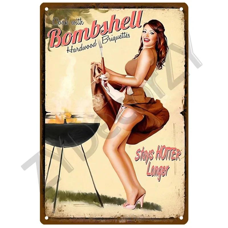Retro BBQ Tin Sign - Vintage Wall Posters & Metal Decor - Decorative Wall Plate for Kitchens, Patios & Barbecue Themed Spaces