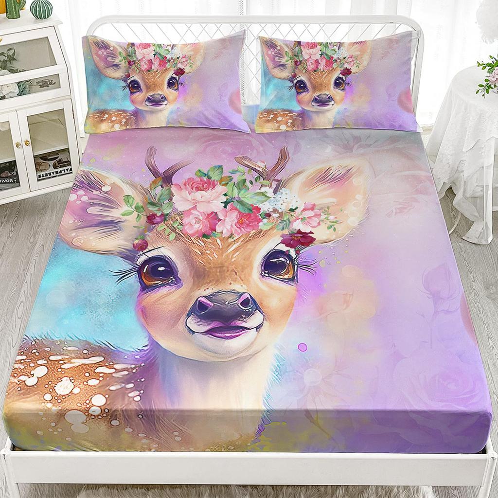 Cute Flower Deer Pattern Mattress Three-Piece Digital Printing Home Bedding Set