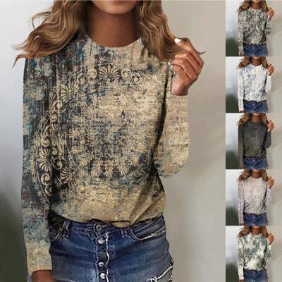Moda feminina casual manga comprida estampa gola redonda pulôver blusa superior