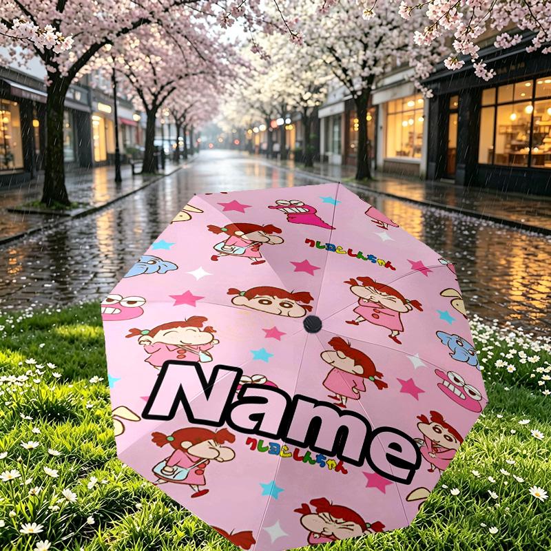 Custom Name Personalized Crayon Shin Print Umbrella, Auto Open Close, 8‑Rib Sturdy Frame, Commute Camping Hiking Use, Birthday Gift
