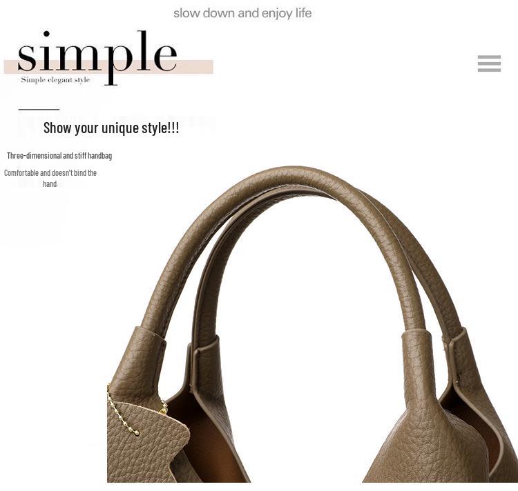 2025 High-End Genuine Leather Women's Shopping Basket Bag with Double-Sided Texture and Leather Tag.