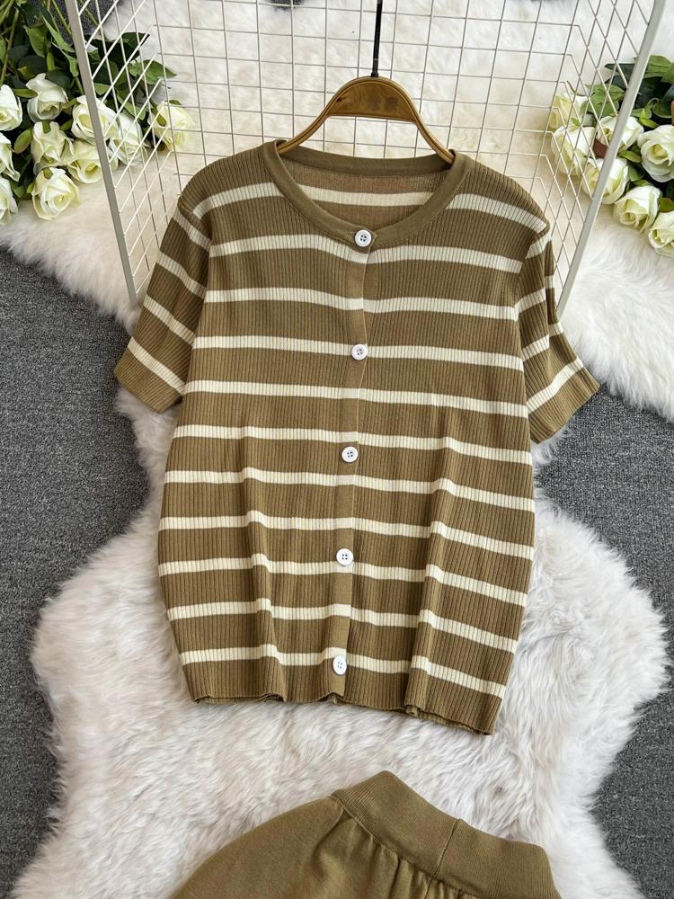 Summer Women Casual Knitted Sweater Pant Set Single Breasted Striped Tops and Shorts Chic Student Two Piece Suit