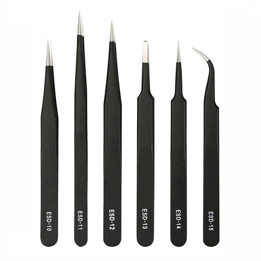 6PCS ESD Anti-Static Stainless Steel Tweezers Electronic Repair Tweezers  For Electronics Repair