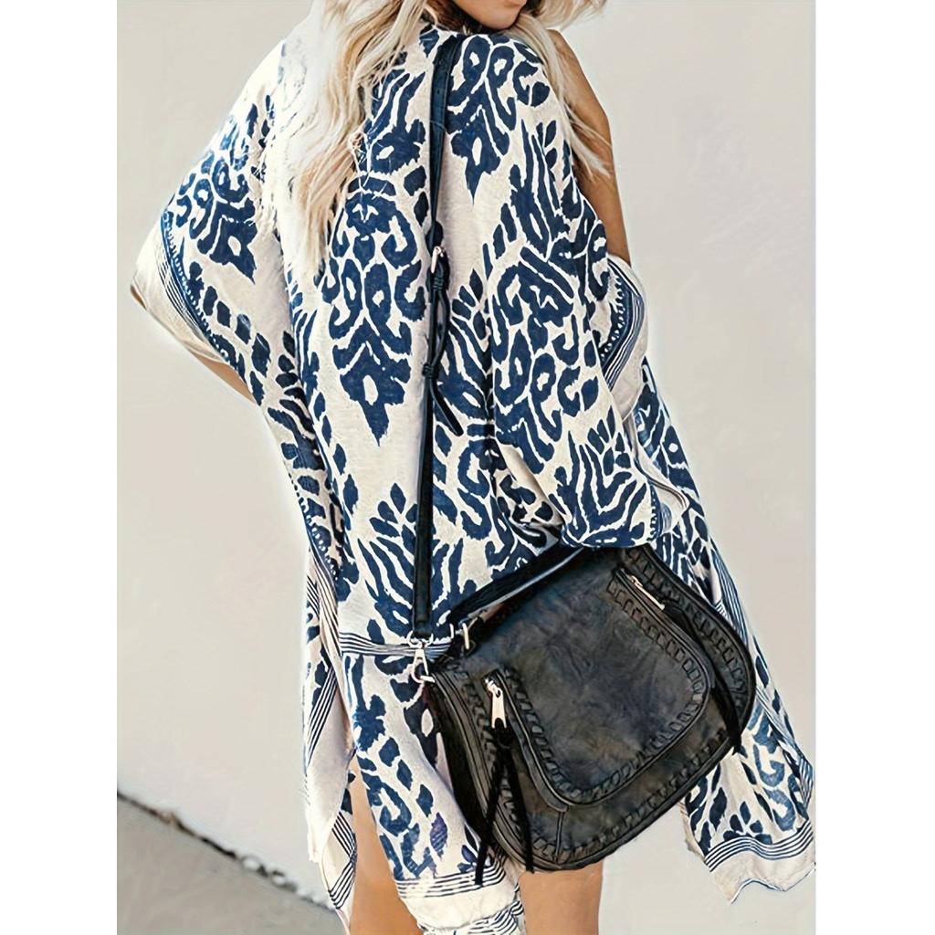 Dam Boho Chiffon Kimono Kofta, Öppen Framtill, Strandöverdrag, Casual Semesterstil, Ytterkläder för Solskydd