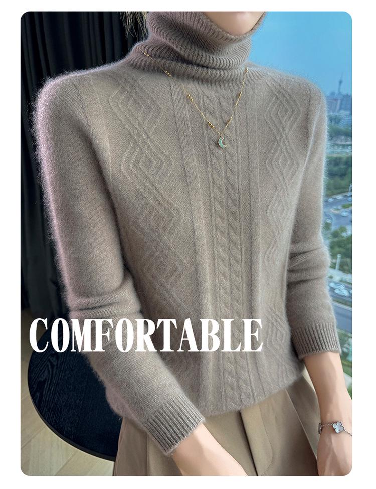 Women's High Neck Cable Knit Wool Sweater - Slimming Long Sleeve Cashmere Top