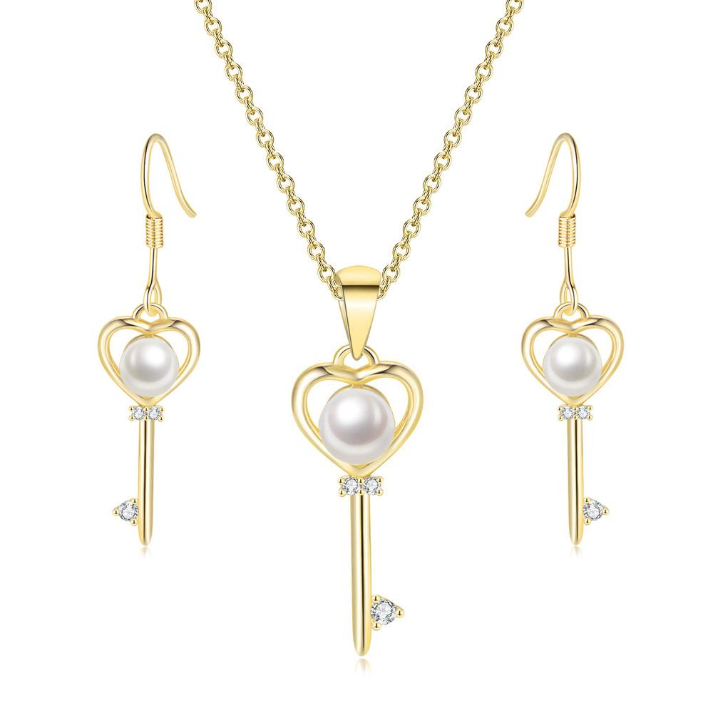 

Imitation Pearls Zircon Set For Women Elegant Magic Key Earrings Necklace Light Gold Color Wedding Gifts Wholesale S535