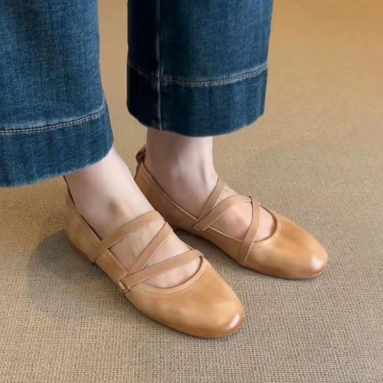 Sheepskin Version~ Leather Retro Cross-strap Mary Jane Shoes Flat Single Shoes Women's Round Head Shallow Mouth Ballet Shoes