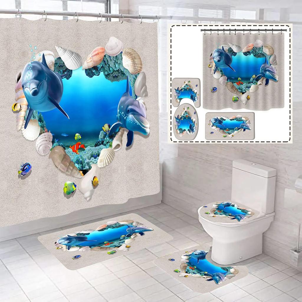 Fashion Sea World Dolphin Shower Curtain Set Bathroom Shower Curtain Set Non-Slip Bath Mat Toilet Lid Cover Polyester Waterproof