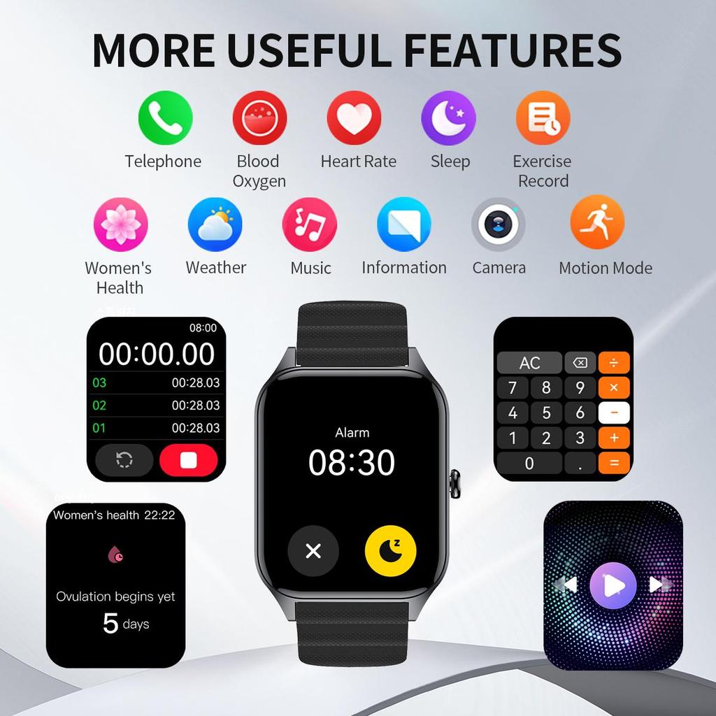 Smart Watch Tracker Wireless Call, Multiple Sports Modes, Silicone Strap, Flashlight, Weather for IOS/Android, Men and Women Smart Watch