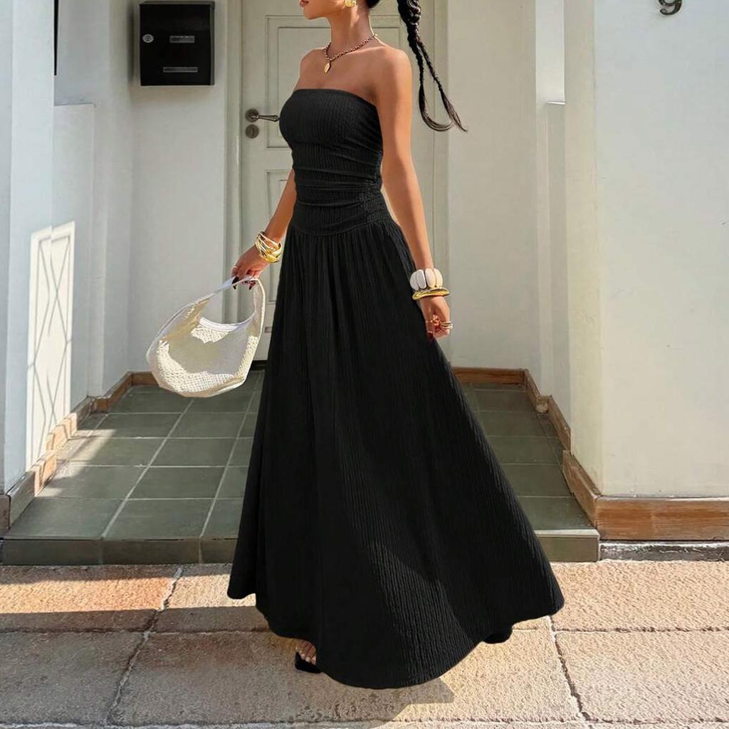 Women Sleeveless Strapless Tube Top Maxi Dress Casual Fitted Elegant Ruched Bodice Flowy Long Dress for Summer Party Vacation