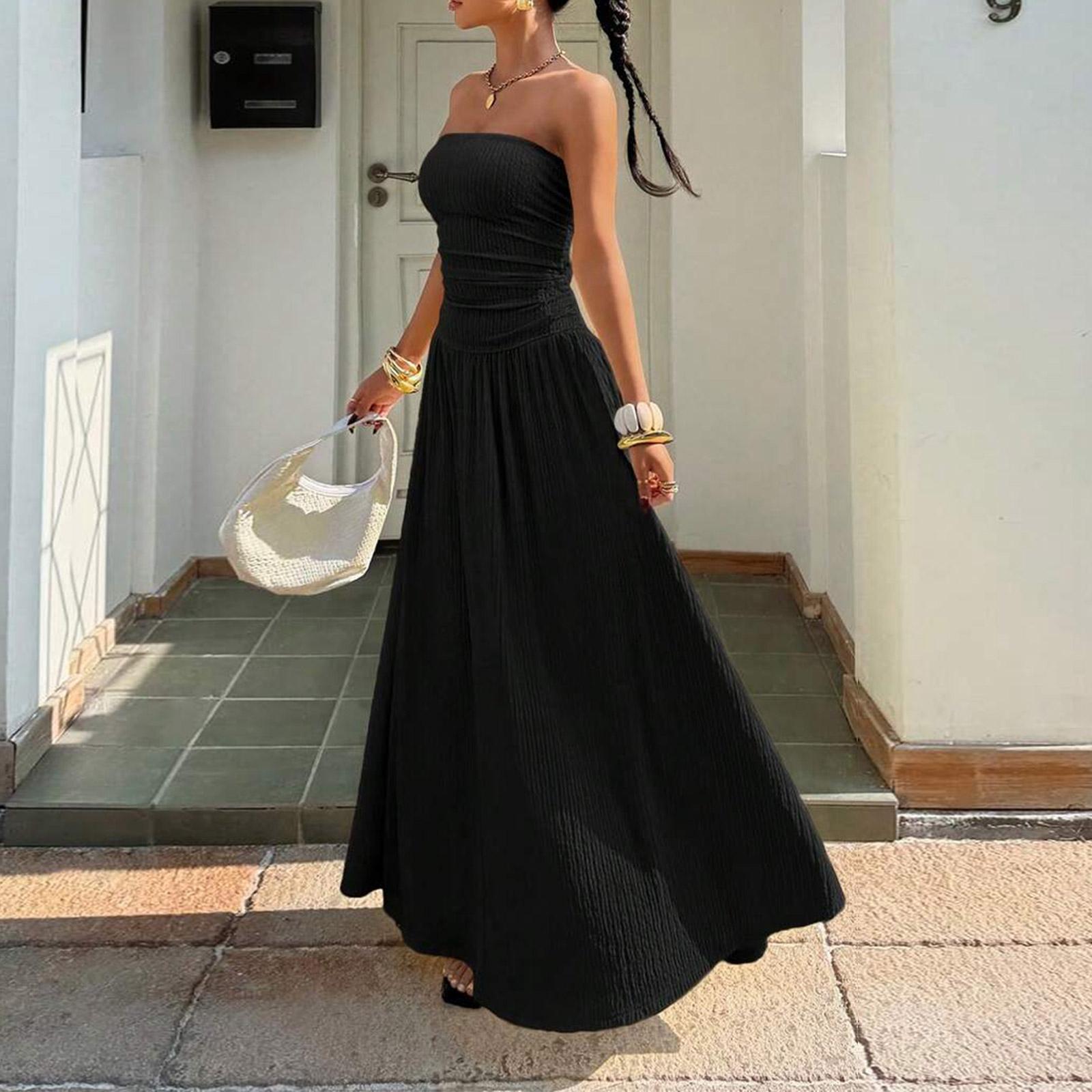 Women Sleeveless Strapless Fitted Tube Maxi Dress Elegant Casual Dopamine Style Ruched Bodice Flowy Skirt Summer Outfit M чёрный