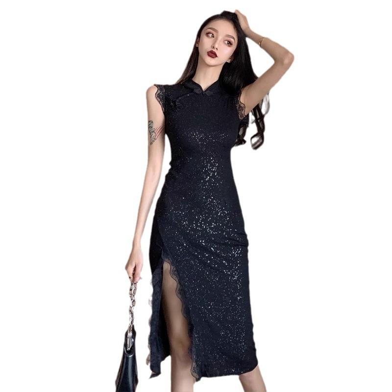 New women's clothing retro lace split fork improved cheongsam dress